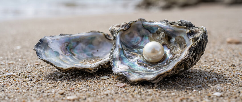 Natural lustrous pearl inside open oyster shell resting on fine sandy surface, soft natural light, delicate sand grains surrounding the shell. Close-up.