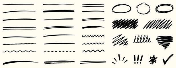 Hand drawn underlines and scribbles set with doodle brush strokes, correction marks, paint streaks, highlighter lines, rough grunge swatches and vector illustration © aura studio