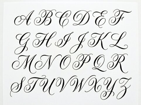 Handwritten uppercase alphabet letters in elegant vintage script on aged parchment background
