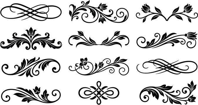 Set of floral dividers and decorative flourishes, elegant calligraphic elements for wedding invitations and greeting cards