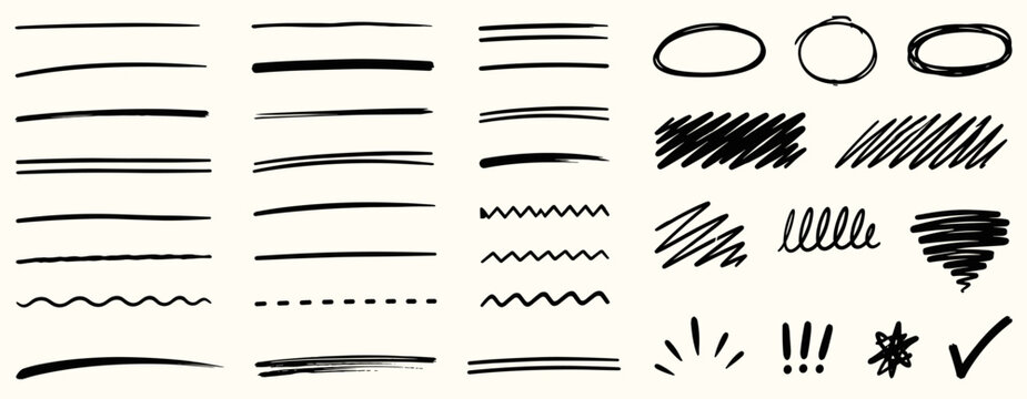 Hand drawn underlines and scribbles set with doodle brush strokes, correction marks, paint streaks, highlighter lines, rough grunge swatches and vector illustration
