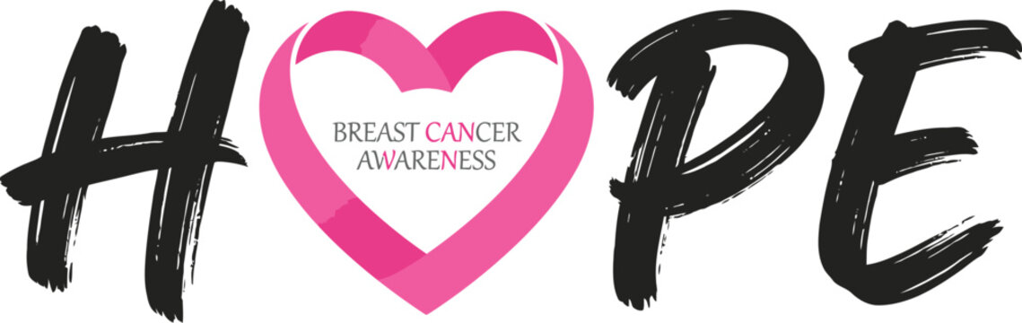 Inspirational hope text design featuring a pink ribbon heart shape for the annual brest cencer awarness month vector graphic illustration for medical campaigns