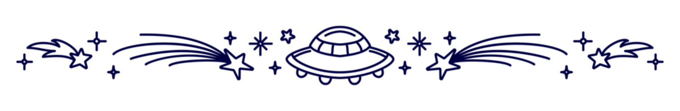 Universe and galaxy space decorative divider, border frame and separator with stars, and spaceship. Horizontal border or cosmic header with flying UFO saucer surrounded by shooting comets and sparkles