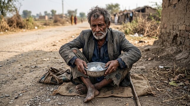 Homeless Elderly Man Sitting on a Dirt Road Holding an Empty Bowl