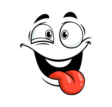 Goofy cartoon happy face emoji with wide eyes, raised eyebrow and red tongue sticking out. Comic character playful, silly and excited emotion and expression for chat stickers and fun communication