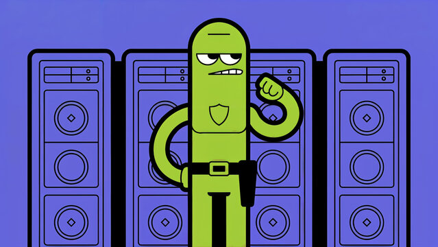 Green security mascot standing before server racks for cybersecurity protection and data safety