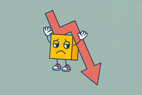 Worried yellow square mascot beside red downward arrow for business decline and failure warning