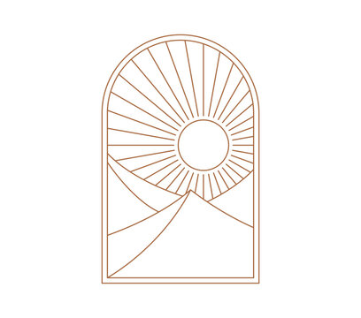 Abstract boho window featuring desert scene with rising sun, bold sunburst rays and layered hills. Arched window composition with natural earthy colors for camping emblems and apparel prints