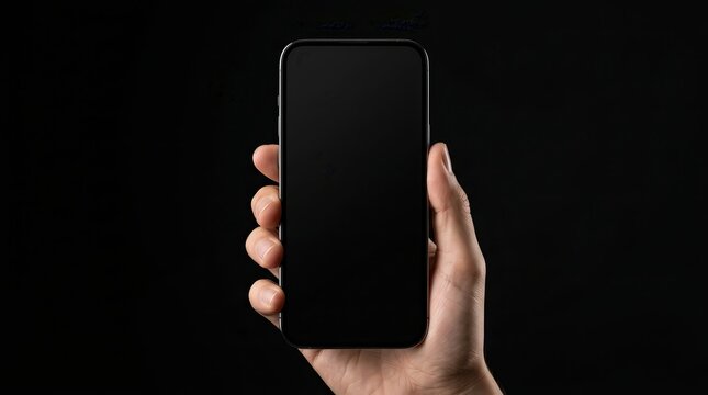 Hand holding a smartphone mockup with a blank black screen isolated on a black background.