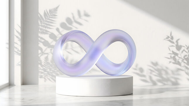 Minimalist frosted glass infinity symbol displayed centrally upon a clean white circular presentation podium with pedestal against sunlit natural foliage shadows
