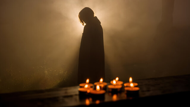Silhouette of grieving figure beside candles in warm misty light for mourning and remembrance