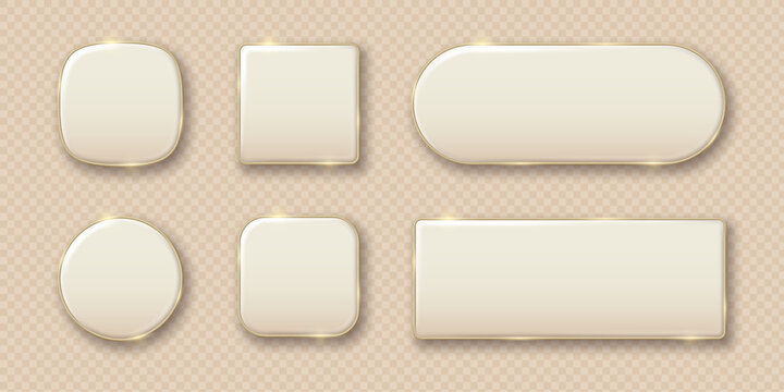 Realistic 3D beige button set with golden frame and glossy light glare. Luxury blank metallic badges, round, square, and banner shapes isolated on white background vector template.