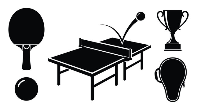 Table tennis equipment black silhouette set with ping pong paddle, ball, table, winner trophy cup, and racket carrying case