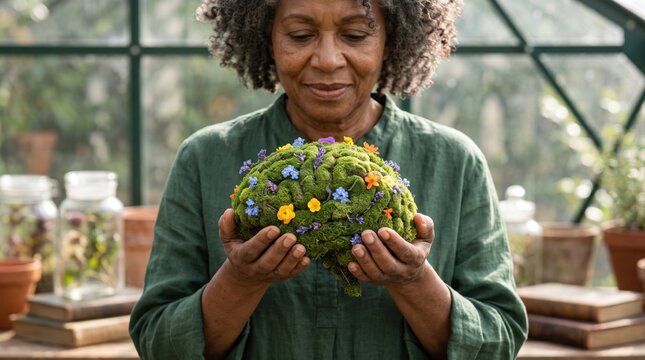 Senior African Woman Holding Moss Brain with Wildflowers Concept of Mental Health and Cognitive Well-being. Concept of mental wellness, dementia care.