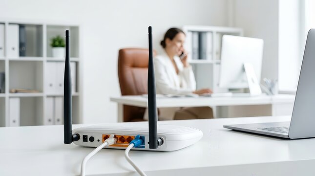 Wireless router on a white office desk with a blurred person working in the background.