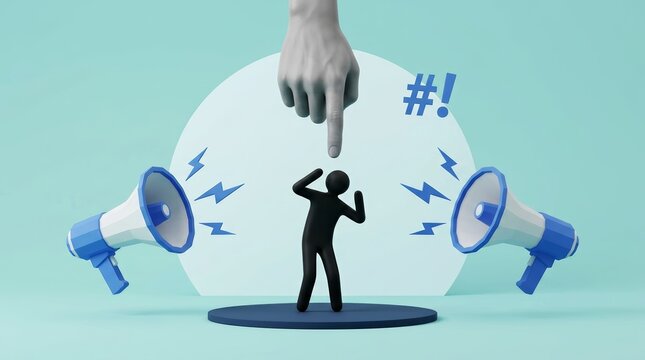 Concept of cyberbullying, online harassment, and public shaming with social pressure.