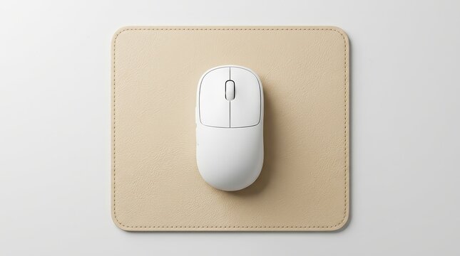 Modern white computer mouse on a beige mouse pad isolated on a light background.