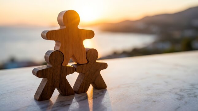 Wooden human figures in a pyramid shape representing teamwork and cooperation against a sunset background.