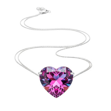 Sterling silver necklace with delicate chain, large faceted heart-shaped iridescent crystal pendant on a transparent studio background, evoking luxury and romance