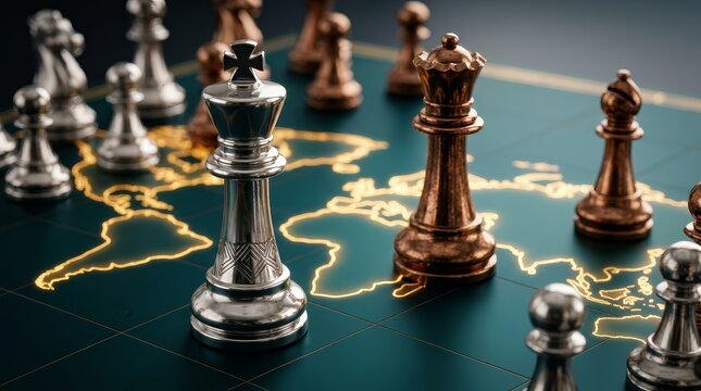 Chess pieces on a world map board representing geopolitical risks and investment returns.