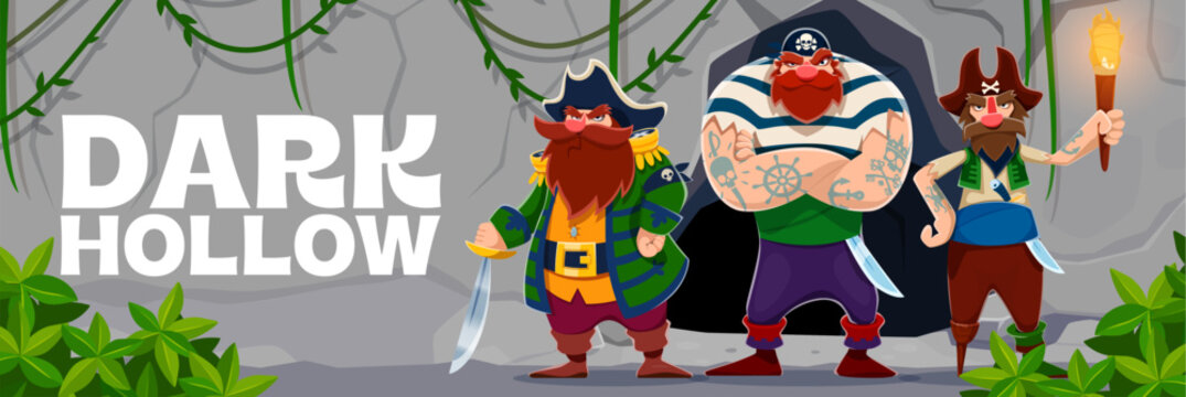 Cartoon angry pirate characters near treasures cave with torch lanterns. Caribbean pirates crew of captain and corsair sailor with sword blades at cave hollow in search of treasure on island
