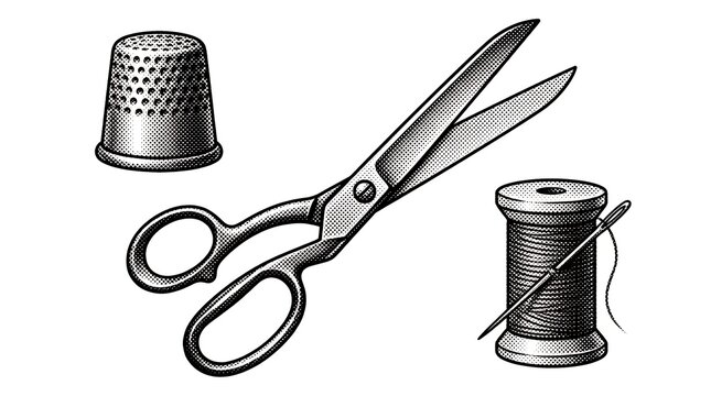 Stippled monochrome sewing essentials including scissors thimble and thread spool for tailoring and fabric craft work.