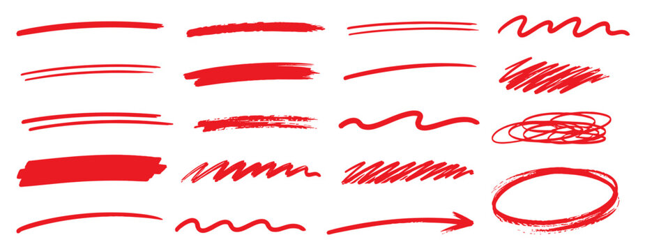 Doodle underline and scribble collection with hand drawn brush strokes, correction marks, highlighter streaks, paintbrush swatches, rough marker lines, vector illustration