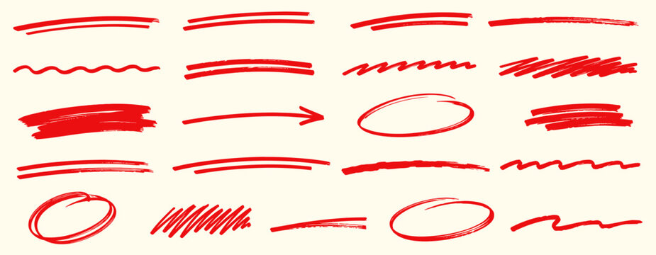 Hand drawn underline and scribble set, doodle brush stroke, correction scribble, paintbrush streak, highlighter marks, freehand marker swatches, vector illustration
