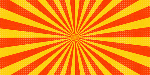 Obraz premium Abstract red yellow comic sunburst background with halftone dots pattern, retro pop art starburst radial rays vector illustration, bright circus backdrop with copy space for banner and poster design
