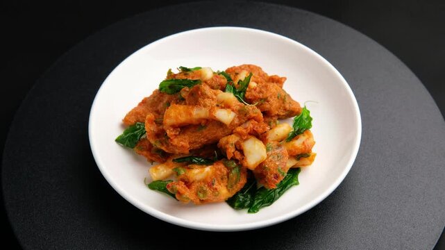 Spicy Thai Fish Cakes with Squid, Red Curry Squid Cake, Deep fried with fish patty in white plate.(Tod mun pla muk)
