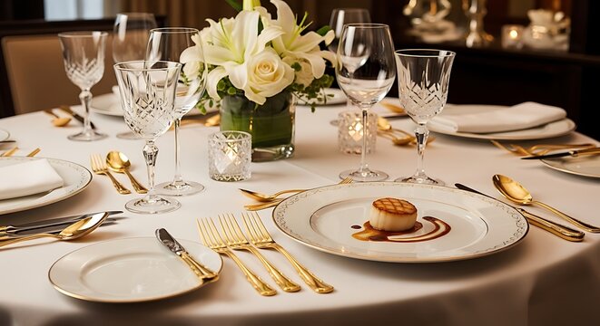 Elegant table setting with scallop appetizer