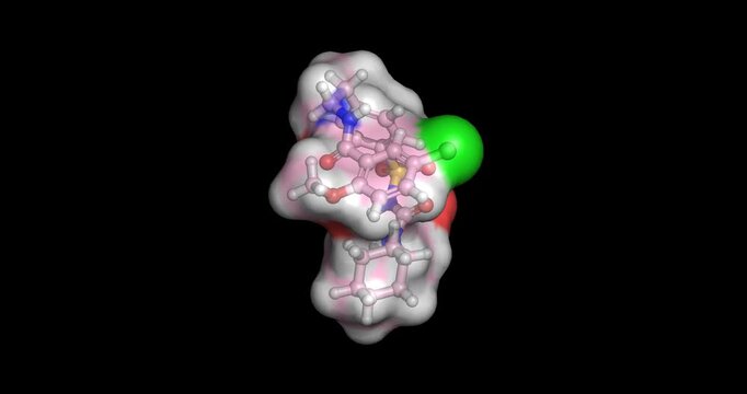 Glibenclamide (Glyburide), second-generation sulfonylurea medication used to treat type 2 diabetes by stimulating insulin release, 3D molecule spinning, 4K