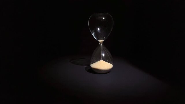Hourglass with sand completely running out in slow motion on black background with reflection. Concept of time passing, deadline, patience and life countdown.