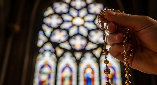 Rosary in front of stained glass window