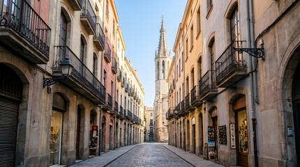 Fototapeta premium Narrow cobblestone street in girona, spain, flanked by historic stone buildings with wrought iron balconies and a tall church tower in the distance