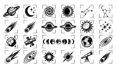 Astronomy vector icon set with planet, galaxy, comet, constellation, satellite and moon phases in framed black silhouette style © Sirajhum