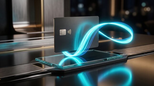 Credit card payment with glowing data transfer to mobile phone