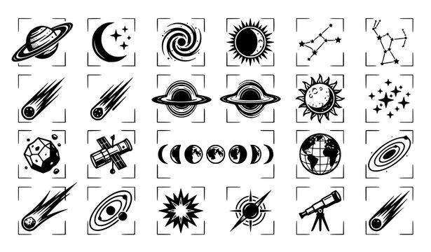 Astronomy vector icon set with planet, galaxy, comet, constellation, satellite and moon phases in framed black silhouette style