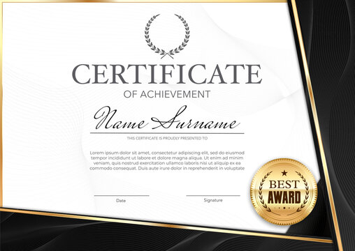 Black template award diploma certificate of achievement with golden ornament frame and seal. Corporate border, modern background, appreciation luxury business or education honor document template