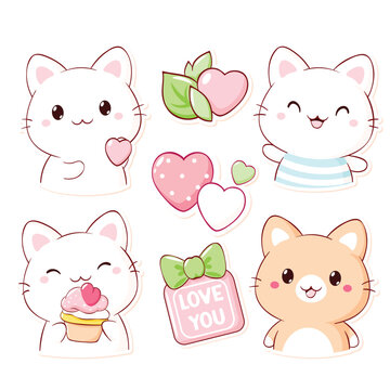 Set for scrapbooking in kawaii style. Cute badge, tag, label with cat, heart, watermelon. Sweet kitty themed collection of cozy sticker. Can be used for t-shirt print, sticker, badge. Vector EPS8