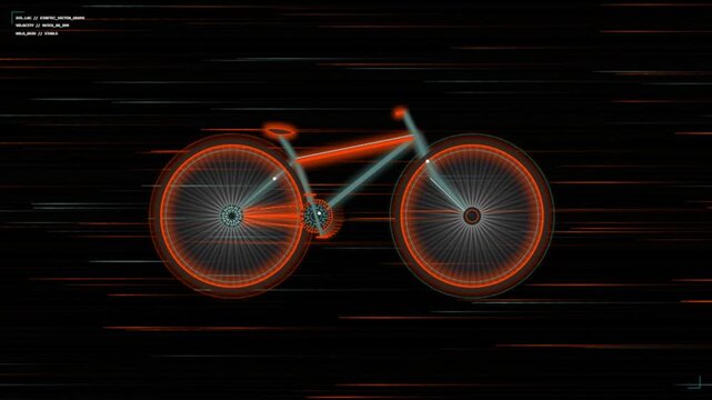 Holographic bicycle wireframe with neon motion blur lines and digital telemetry data.