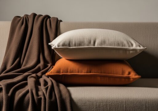 Two decorative throw pillows and a brown blanket on a sofa