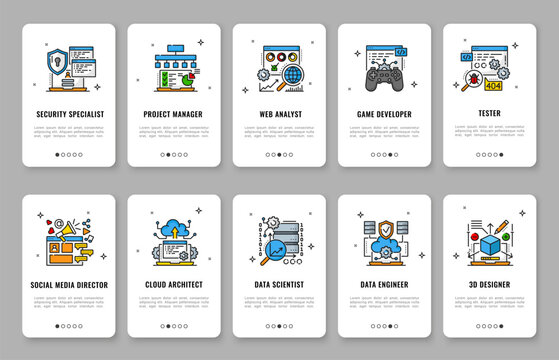 Mobile app onboarding screen with web development. IT specialist, career and job vacancy professional UI card templates. Modern technology professions for software development and digital recruitment