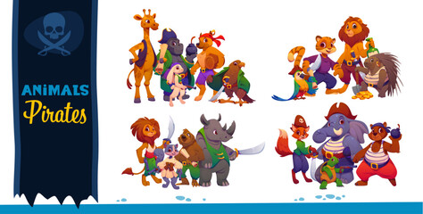 Naklejka premium Cartoon animal pirates and corsairs ship crew characters of quartermaster and captain. Skipper, helmsman and deckhand gunner or boatswain of corsair animals elephant with lion and tiger or bunny