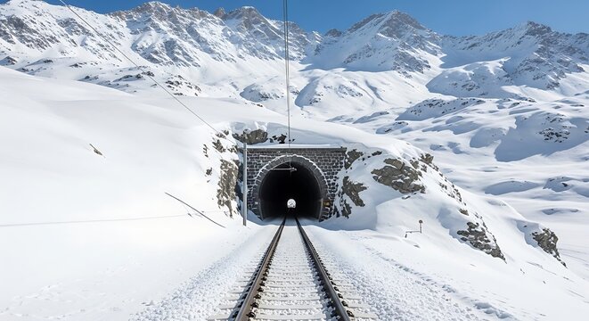Train tunnel in the snow covered mountains bernina pass