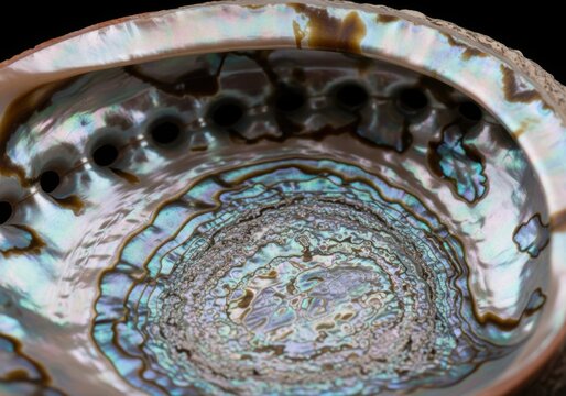 Iridescent interior of an abalone shell with mother of pearl
