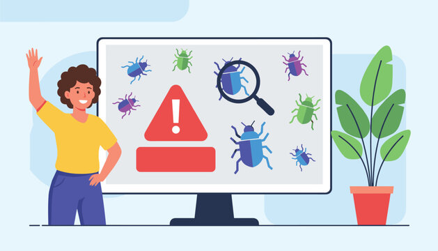 Professional software quality assurance specialist identifying security bugs and system errors on a computer screen.