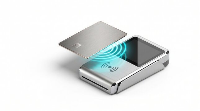 Contactless payment terminal with credit card on white background