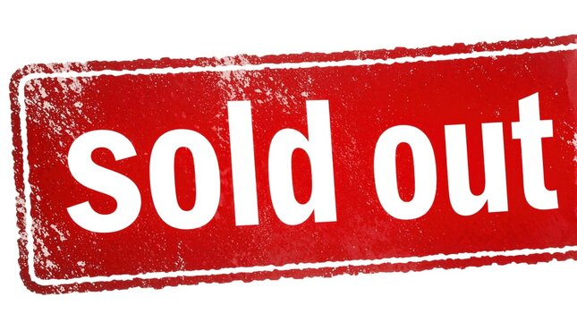 Red rectangular rubber stamp with sold out text on white background. Distressed grunge style label shows finished stock unavailable product. Business icon for retail sales end limited offer status.
