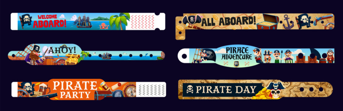 Kids pirate party paper hand bracelets, carnival festival entrance wristband mockups. Pirate party bracelets or wrist bands for kids event admission ticket to pirate corsair theme entertainment park